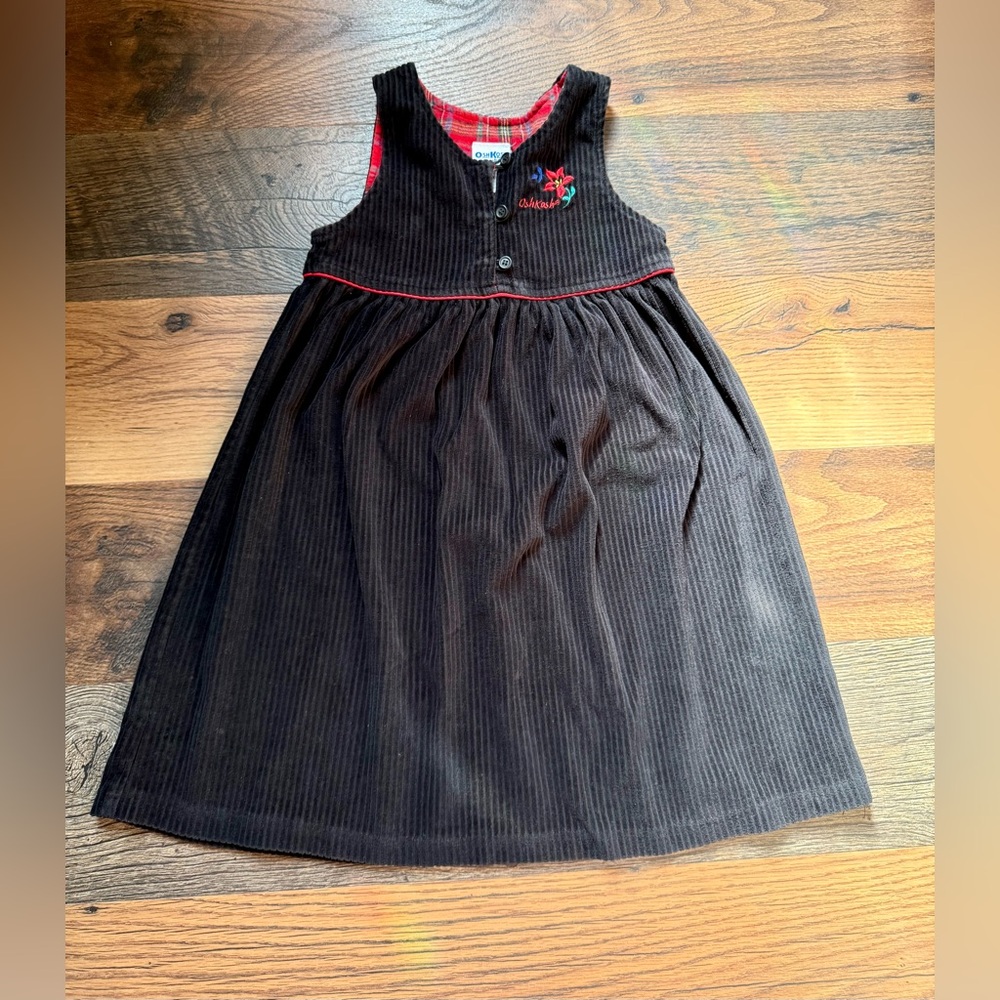 VTG Oshkosh Corduroy Jumper Dress Black Logo Flower Buttons USA Girls 6x Cottage